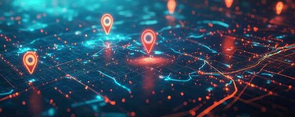 Virtual Grid City Map with Glowing Location Pins and Digital Coordinates.