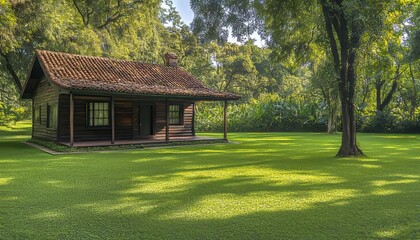 Peaceful Countryside Charming Traditional Log Cabin Amidst Lush Greenery, Summertime Serenity