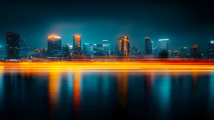 Fototapeta premium A mesmerizing view of a cityscape at night with light trails reflecting in the water.