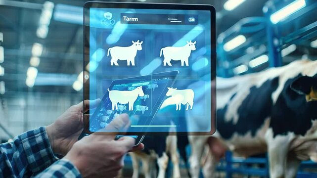 A farmer using a tablet to control robotic arms milking cows in a futuristic dairy farm.