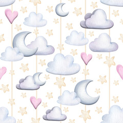 Seamless children's pattern on a white background with clouds, moon and stars. Watercolor pattern with clouds. For children's bedding, wrapping paper, textiles