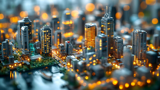 A miniature cityscape with glowing lights, showcasing the intricate details of urban architecture.