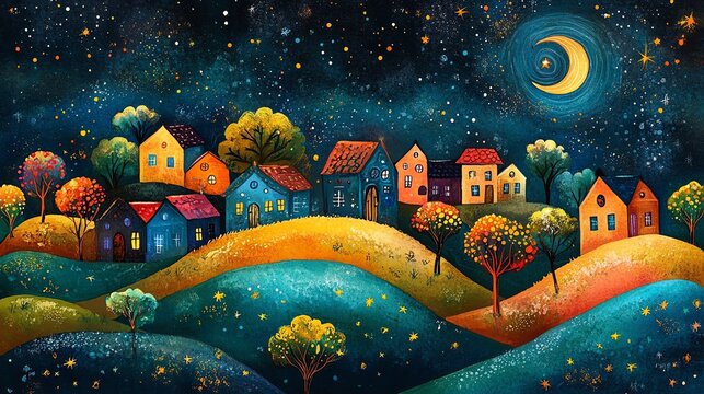 Night sky with crescent moon over a village on rolling hills.