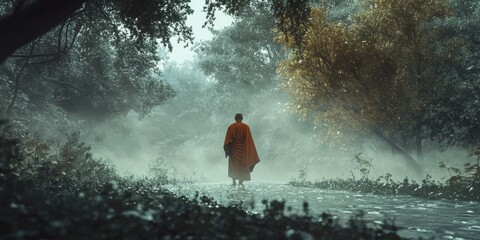 Fototapeta premium monk walking in a misty forest 