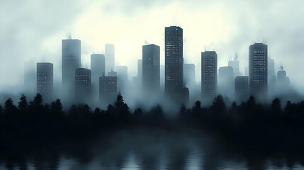 A misty city skyline with tall buildings peeking through the fog above a dark forest with a reflection of the city in the water.