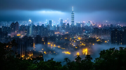 Fototapeta premium A misty cityscape at night with a towering skyscraper visible through the clouds.