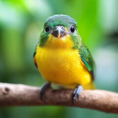 Fototapeta premium A bright green bird with a yellow throat perched on a branch, looking towards the camera with curiosity.