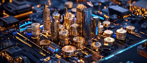 A vibrant cityscape featuring illuminated skyscrapers and digital currency symbols, blending technology with urban life at night.