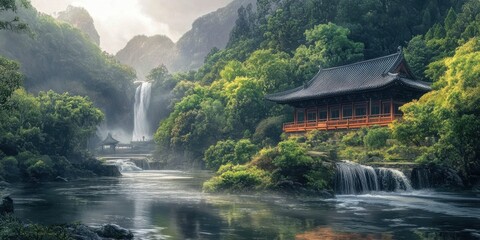 peaceful temple by a flowing river