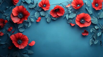 Red poppies with green leaves arranged on a blue background