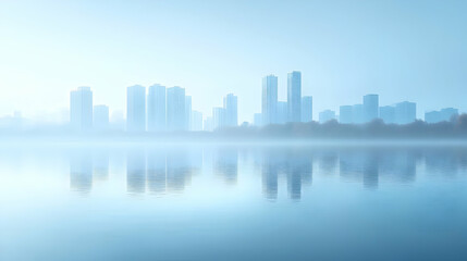 A misty cityscape reflected in a calm lake.