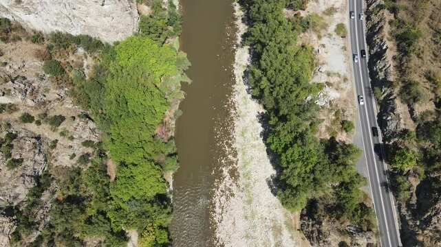 Aerial view of Struma River passing through the Kresna Gorge, Bulgaria
