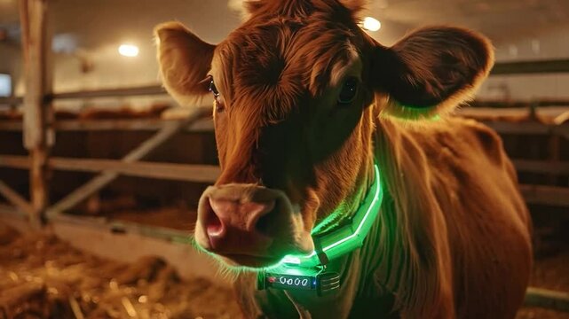 A cow wearing a smart collar in a high-tech barn, surrounded by digital screens.