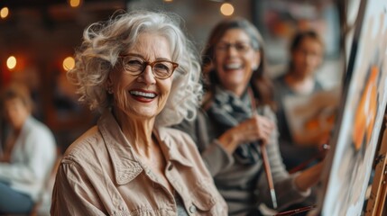 Fototapeta premium Older women attending a painting class, expressing creativity and enjoying their hobbies.