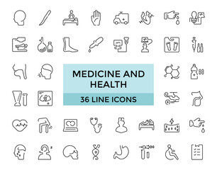 Medicine and Health editable stroke line Icons set. Hospital, patient, medicine, pharmacy, prescription and medical report. Editable vector icons.