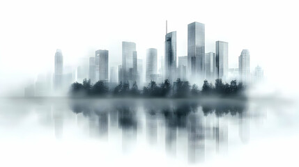 Fototapeta premium A misty cityscape with tall buildings reflected in the water.