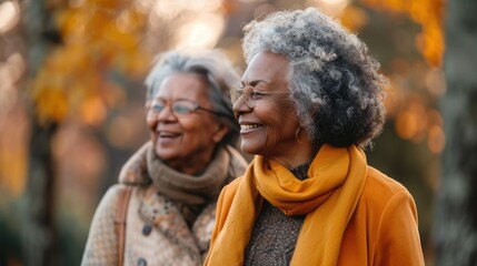 Obraz premium Older women walking together in a park, enjoying the fresh air and staying active.