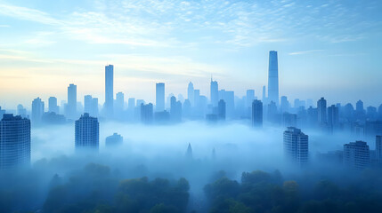 Fototapeta premium A misty cityscape with tall buildings silhouetted against a bright blue sky.