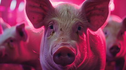 Pigs in automated feeding stations, with data analytics displayed on overhead monitors.