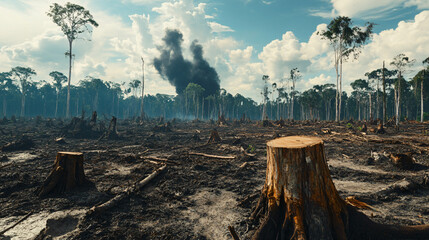 A graphic showing the impact of deforestation on climate change with cleared land and stumps.