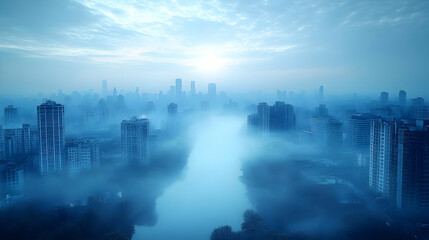 Fototapeta premium A misty morning cityscape with a river winding through the buildings and a bright sun shining through the clouds.