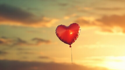 Fototapeta premium A red heart balloon floating in a clear sky with a golden sunset in the background. -