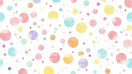 Colorful polka dot pattern on a white background featuring soft pastel circles in various sizes