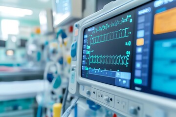 Close-up view of a hospital's patient monitor displaying vital signs and data in a clinical environment.