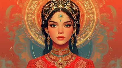 Fototapeta premium Digital painting of a beautiful woman with a golden crown and jewelry.