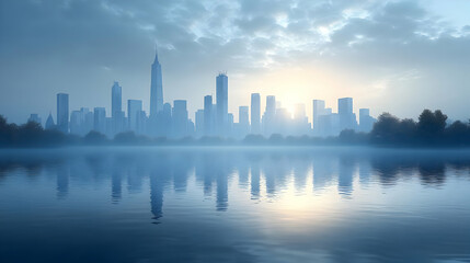 Obraz premium A misty sunrise over a city skyline reflected in calm water.