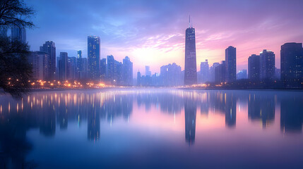 Obraz premium A misty sunrise over a city skyline with tall buildings reflected in the water.