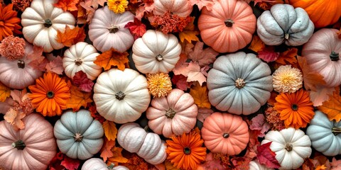 Fototapeta premium A vibrant display of pumpkins surrounded by colorful autumn leaves and flowers. This image captures the essence of fall. Ideal for seasonal decor and marketing. AI