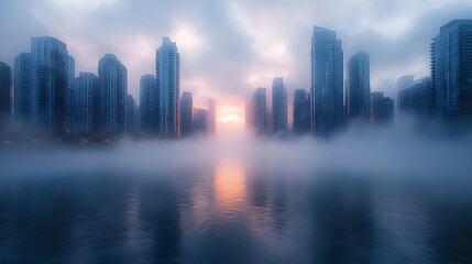 A misty sunrise over a city skyline, with tall buildings emerging from the fog.