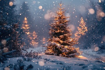 Enchanting Snowy Forest with Illuminated Christmas Trees at Twilight