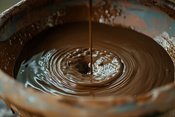 Generative AI photo craftsman shaping clay pot on spinning wheel in pottery studio surrounded by ceramic pieces