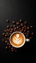 Top view of coffee beans with cappuccino on black background, vertical coffee background with space for text
