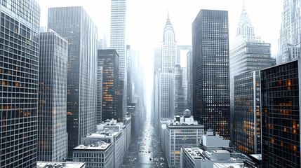 Obraz premium A misty, aerial view of a bustling city street lined with tall skyscrapers.