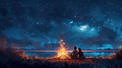 Under a starlit sky, two friends sit by a campfire, sharing stories and marshmallows, their bond glowing as warmly as the flames.