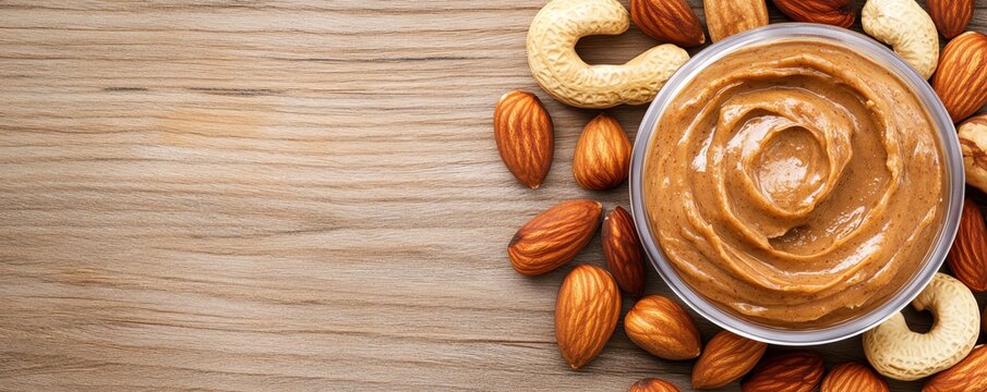 Delicious nut butter served in a bowl, surrounded by assorted nuts on a wooden surface, perfect for healthy snacking.