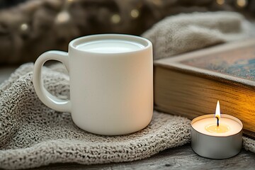 Warm cup of milk with candlelight and a book on a cozy evening