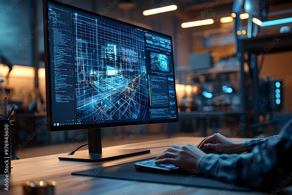 Poster person working on a computer with a futuristic interface in a tech lab