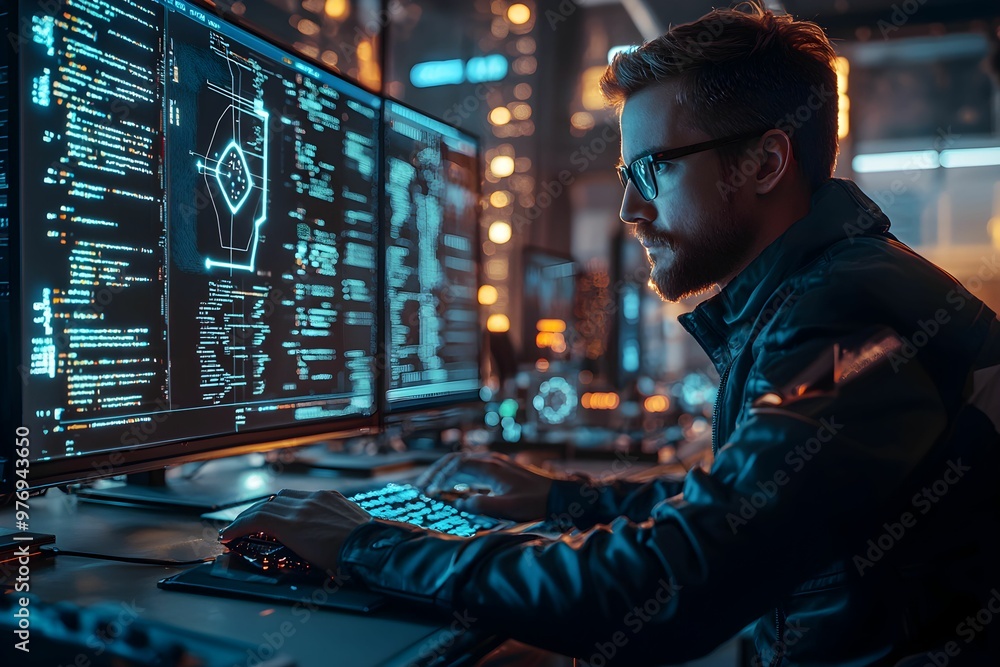 Aufkleber young programmer working late in a modern tech office with screens