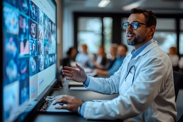 Doctor presenting medical data during a conference in a modern setting