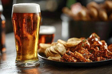 Craft beer served with assorted snacks at a cozy bar setting
