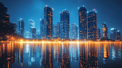 Obraz premium A modern city skyline at night with tall buildings reflected in a calm lake.