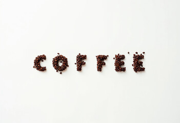Top view of the word coffee written with coffee beans on white background with space for text