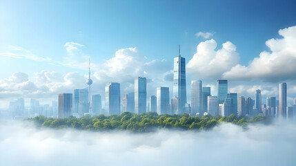 Obraz premium A modern city skyline with skyscrapers emerges from a sea of clouds under a bright blue sky.