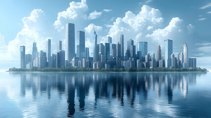 Obraz premium A modern city skyline with skyscrapers reflected in the calm water of a lake or ocean under a blue sky with white clouds.