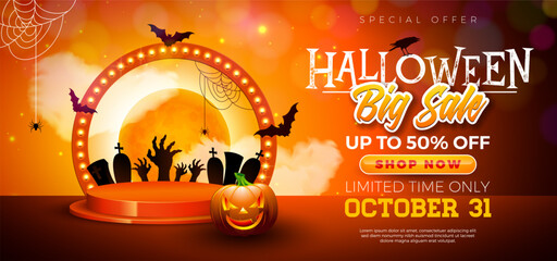 Halloween Sale Banner Illustration with Pumpkin, Podium and Glowing Light Bulb Billboard on Orange Background. Vector Holiday Design Template with Typography Lettering for Offer, Coupon, Celebration