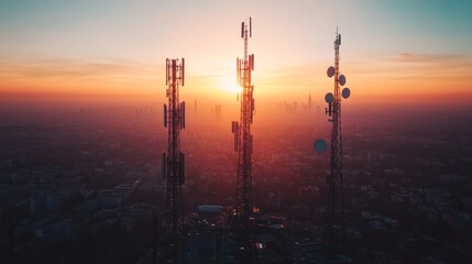 The tall, freestanding mobile tower is located in the center of urban areas, with an aerial view of city buildings at sunset.